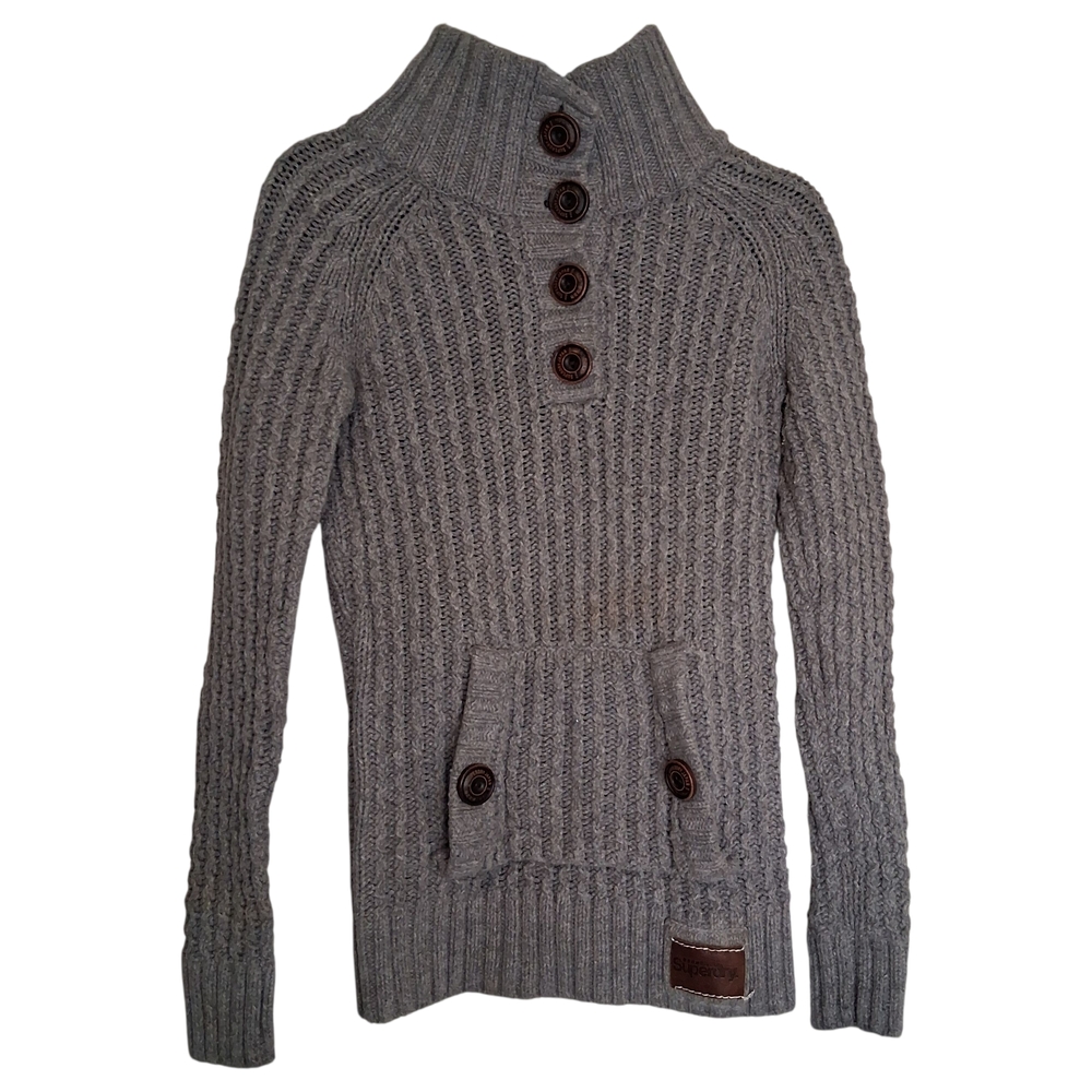 Superdry Gray Knit Sweater with Brown Leather Patch